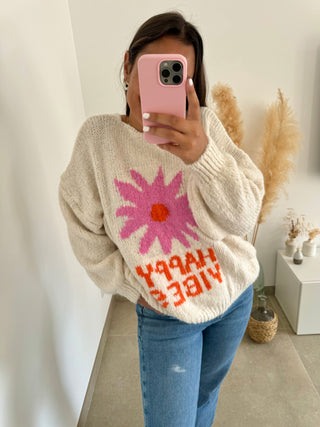 Pull Happy Vibes écru